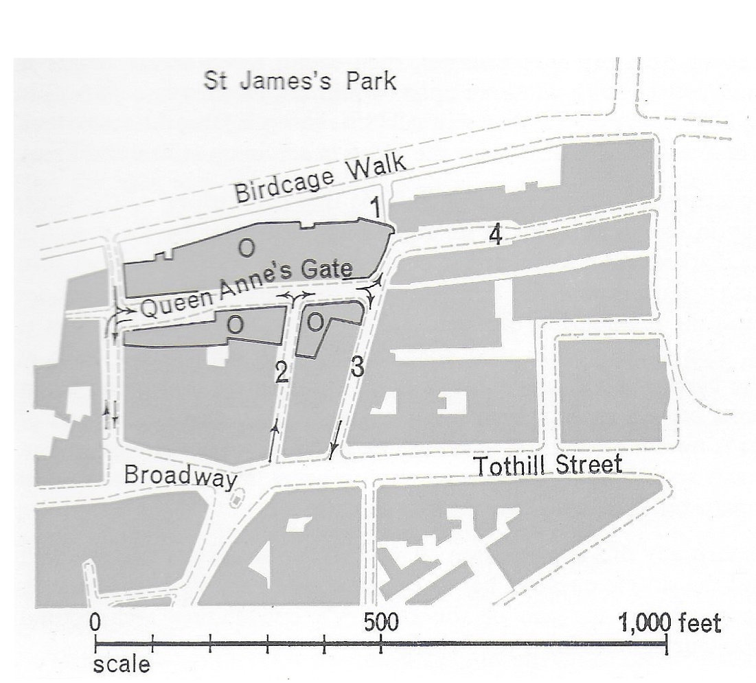 Fig. 7 Queen Anne's Gate, Westminster, London.
1 Cockpit Steps; 2 Carteret Street;
3 Dartmouth Street; 4 Old Queen Street.
