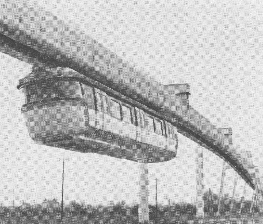 Fig.34 The experimental monorail track of S.A.F.E.G.E. TRANSPORT near Paris. The car is suspended from rubber tyred bogies running inside the duct, and operation is thus silent and impervious to weather.