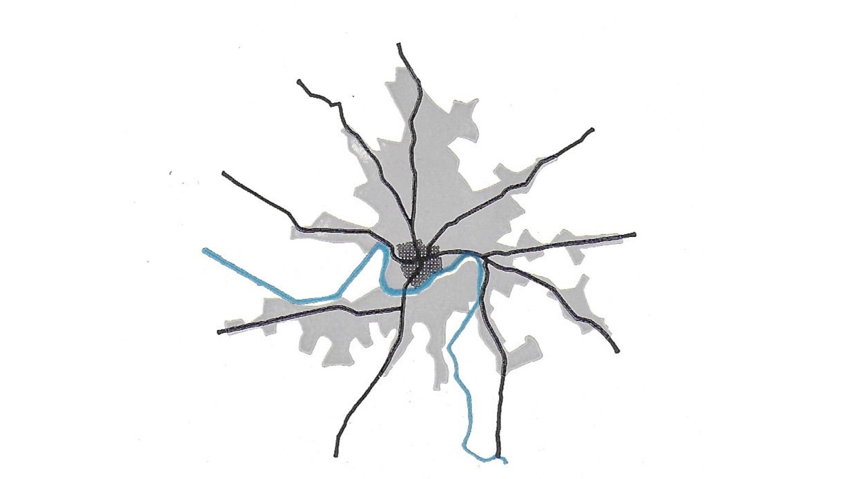 Fig.49 Town centres embedded and constricted in vast expanses of surrounding development.
