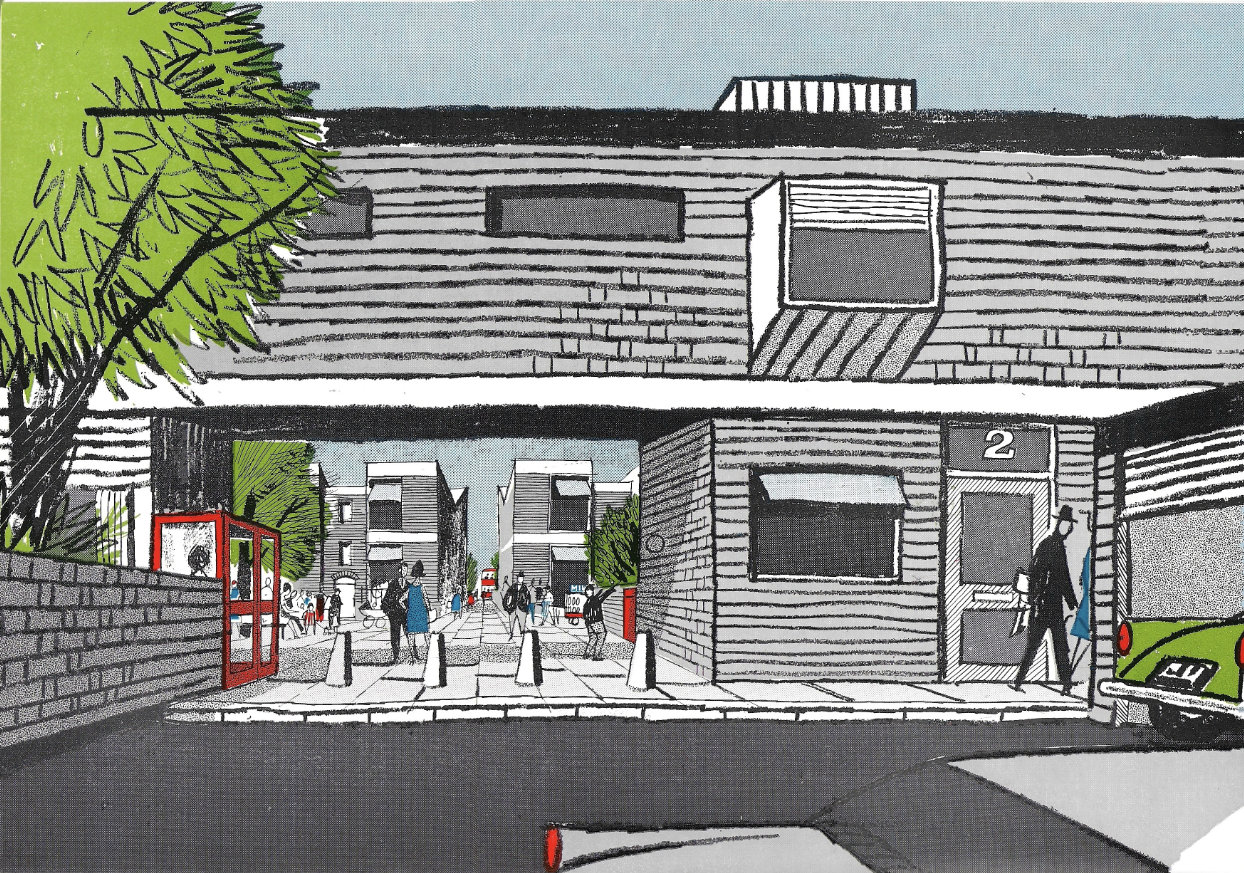 Fig.63 An impression of the Rayburn idea applied to a medium density residential area. The central square is wholly pedestrian. An access area for cars is shown in the foreground, and the bus route can be seen in the distance.