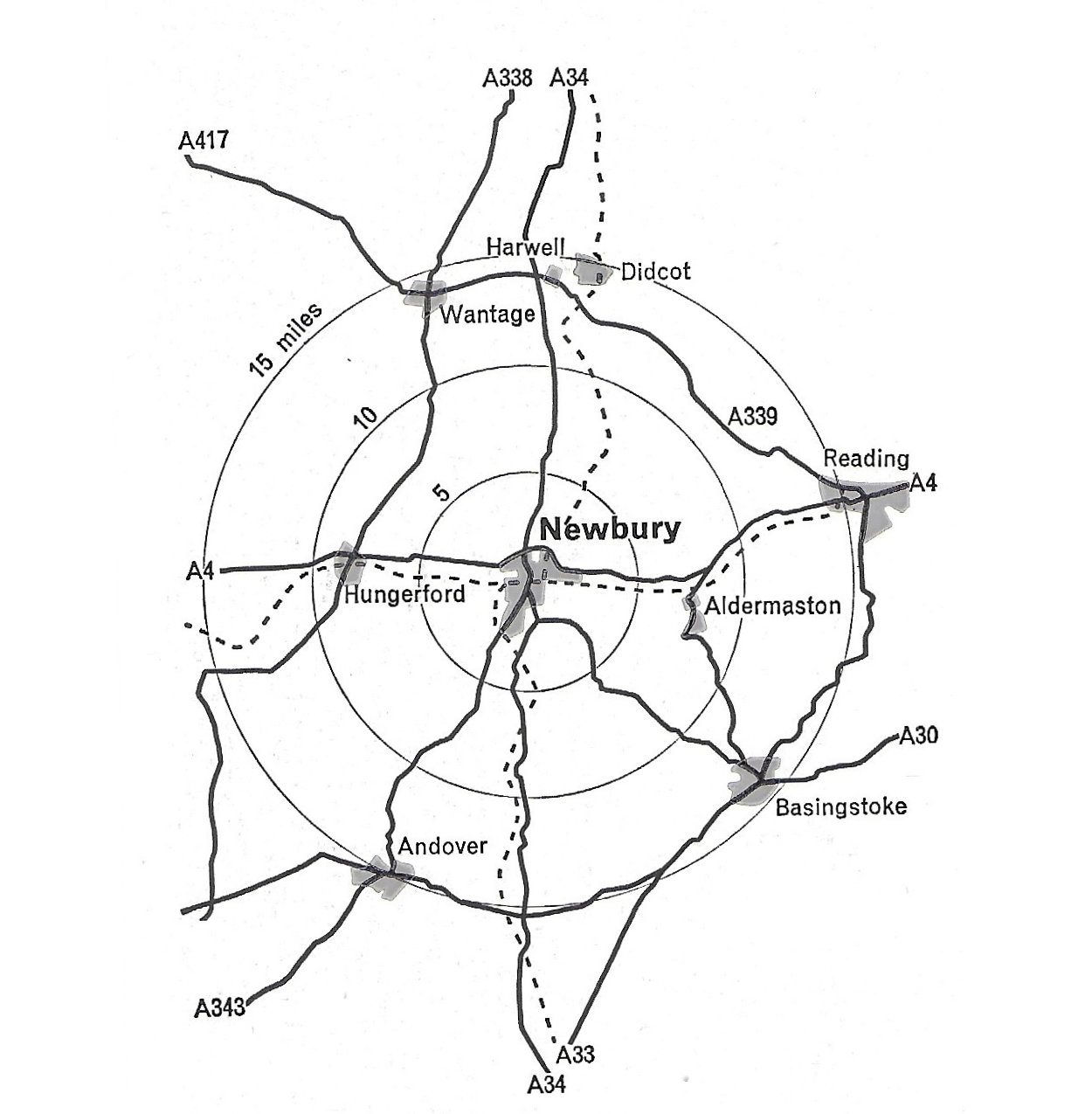 Fig.66 The environs of Newbury, with distances. Railways indicated by broken lines.