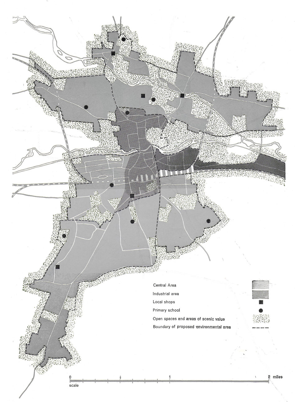 Fig.87 The provisional breakdown into environmental areas, based on a study of the catchment areas of local shopping centres and primary schools.