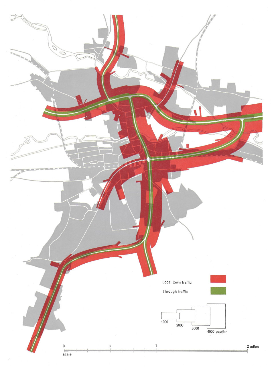 Fig.89 Future (2010) peak hour flows on the new network.