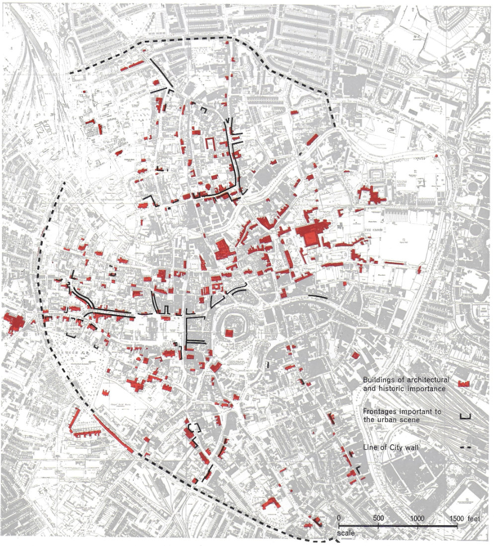 Fig. 149 Buildings of historic or architectural interest, and street frontages important to the urban scene.