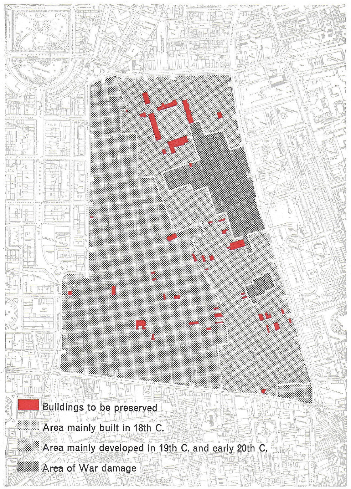 Fig. 167 Age and condition of buildings within the study area. Buildings shown in red are those ‘listed’ under S.32 of the Town and Country Planning Act 1962 as of special architectural or historic interest. Fitzroy Square is in the north of the study area. Charlotte Street and Percy Street are in the south-east.