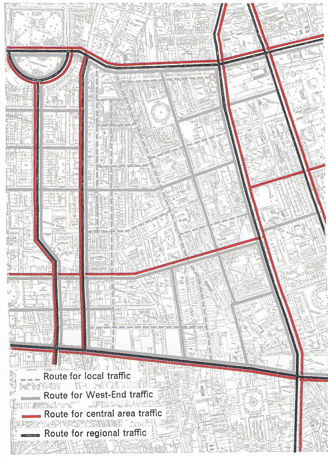 Fig. 170 The various purposes for which roads in or near the study area are used at the present time. Virtually all the roads give direct access to properties in addition to their function for passage.