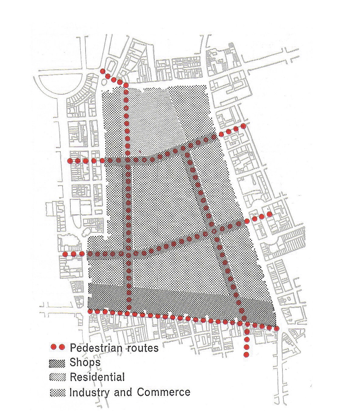 Fig. 177 The broad allocation of land uses, and the proposed pedestrian routes.
