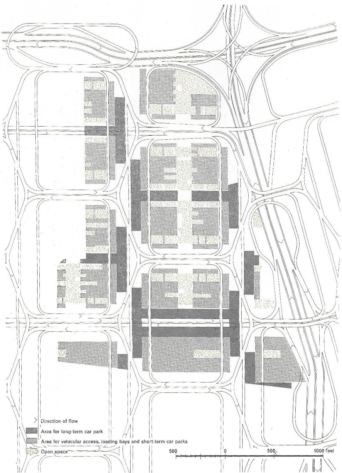 Fig. 180 The design for complete redevelopment— plan at ground level showing the full development of the hexagonal distribution system, and parking and service areas.