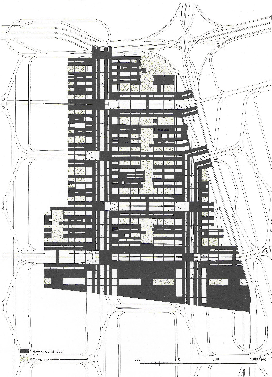 Fig. 181 The design for complete redevelopment—plan at 'new ground' level showing in black the new perforated deck on which the new buildings would arise.
