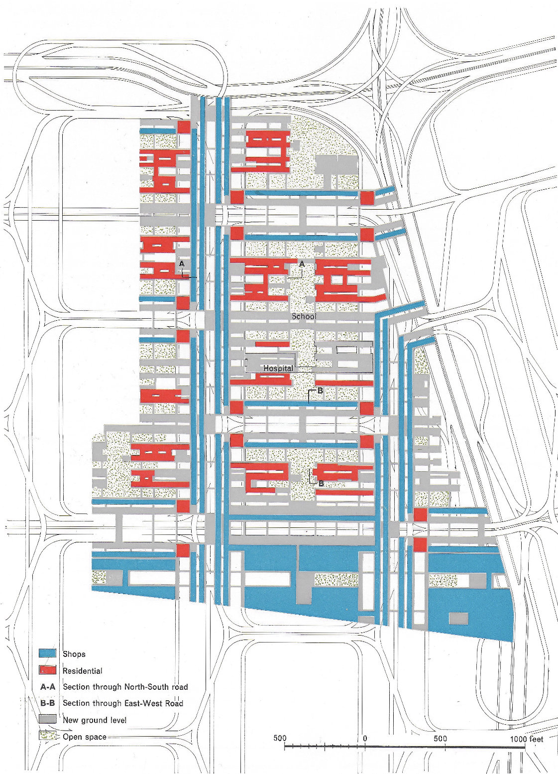 Fig. 182 The design for complete redevelopment-plan showing the broad disposition of uses at deck level. Sections A-A and B-B refer to Figures 183 and 184. Areas on the new ground level which are not indicated for shops or residential use are for office, commercial and industrial purposes.