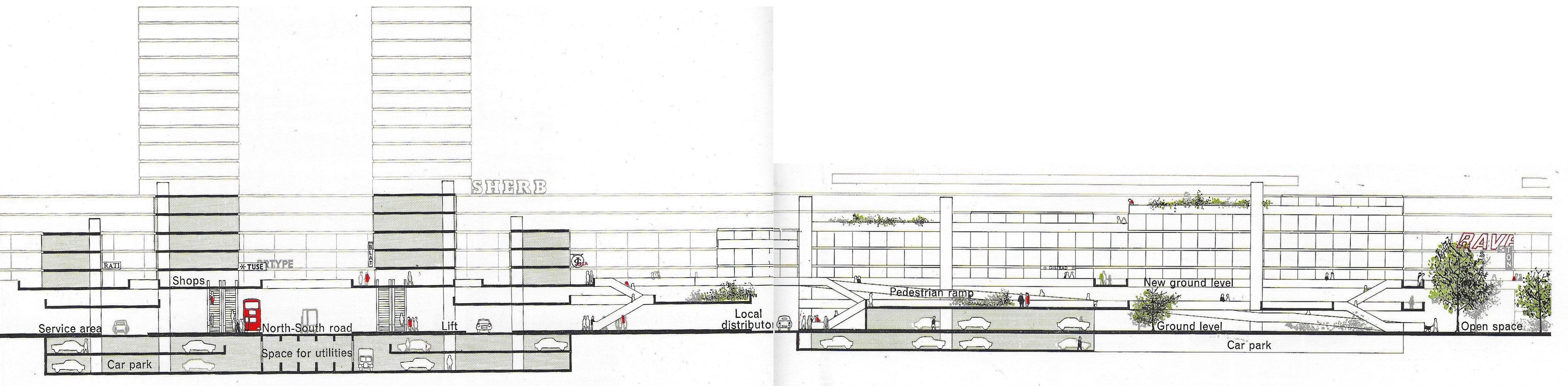 Fig. 183 Design for complete redevelopment. This sectional view (for the location of the section see AA on Figure 182) shows the north-south zig-zag road on the left-hand side, with local shops above it at the new ground level. Pedestrian ramps and walkways link down to the open space on the right-hand side of the section.