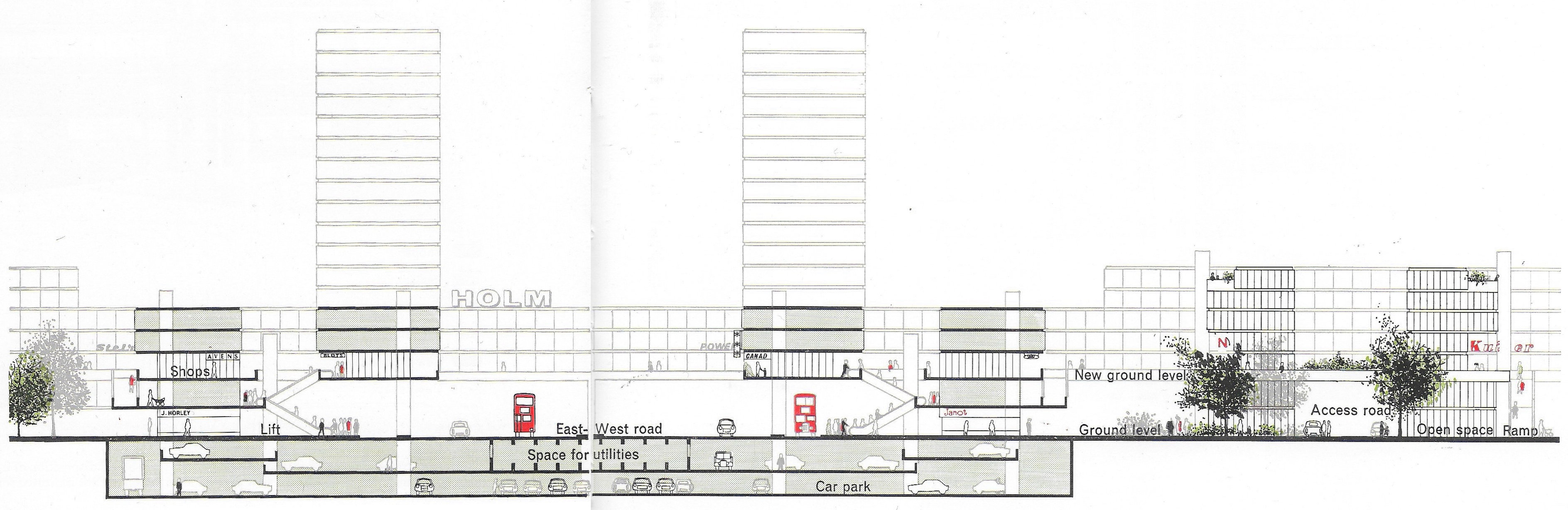 Fig. 184 The design for complete redevelopment. Sectional view (BB on Figure 182) showing the east-west two-way road with escalators down to the bus lay-bys, and the ground level open space with housing blocks in elevation behind.