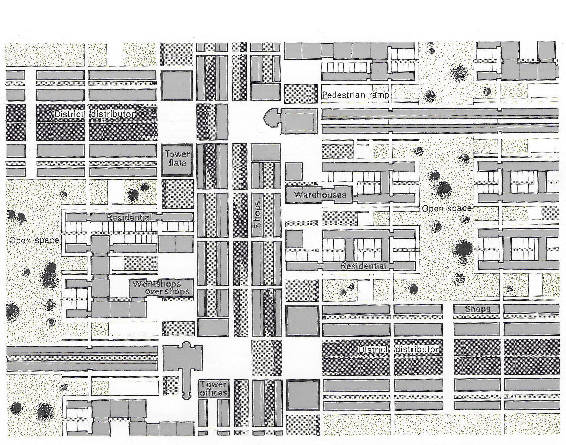 Fig. 185 Diagrammatic layout of part of the pedestrian deck above the hexagonal road system. The white areas represent the new pedestrian level. Corridors of shops are located above the north-south zig-zag distributor, and to the flanks of the east-west distributors. Housing is grouped around the open space. This diagram is only intended to typify