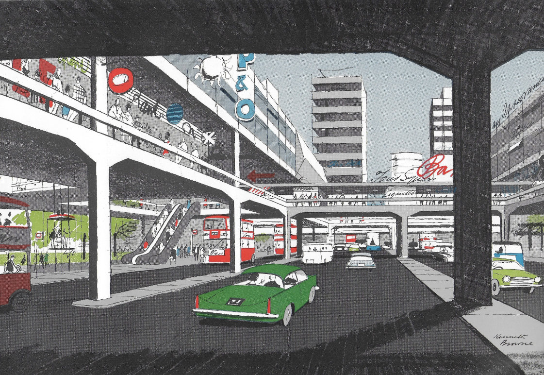 Fig. 186 An impression of the scheme for complete redevelopment, looking along one of the district distributors. Ground-level open space can be seen to the left. The drawing shows that in a multi-level reconstruction, the ‘driver's eye view’, far from being gloomy and subterranean, can be lively and interesting with plenty of opportunity for the driver to identify his whereabouts.