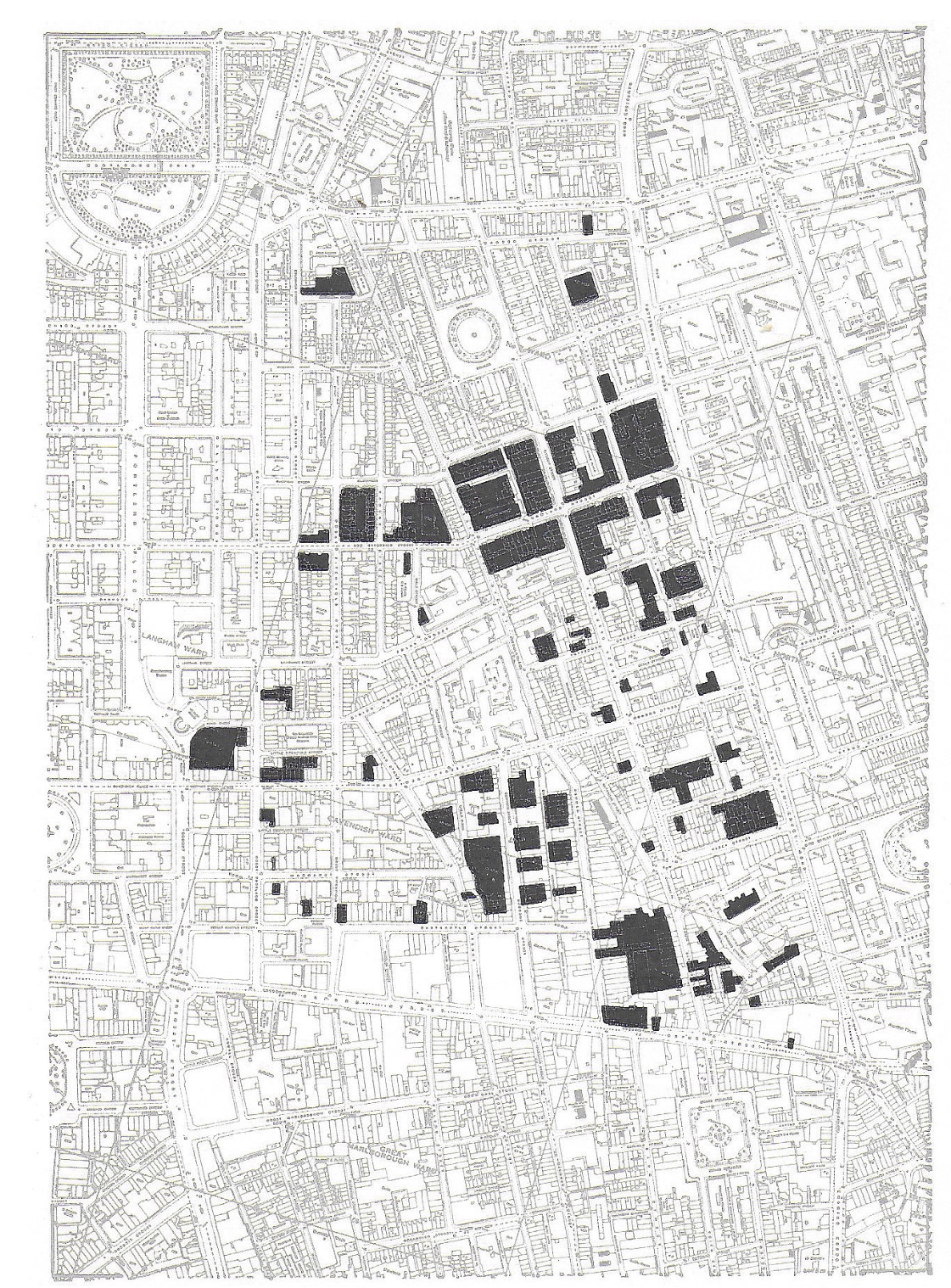 Fig. 188 Sites which were available after the war and which could have been used to enable a start to be made on comprehensive redevelopment. Most have now been redeveloped piecemeal fashion, and the chances for radical change have largely gone.
