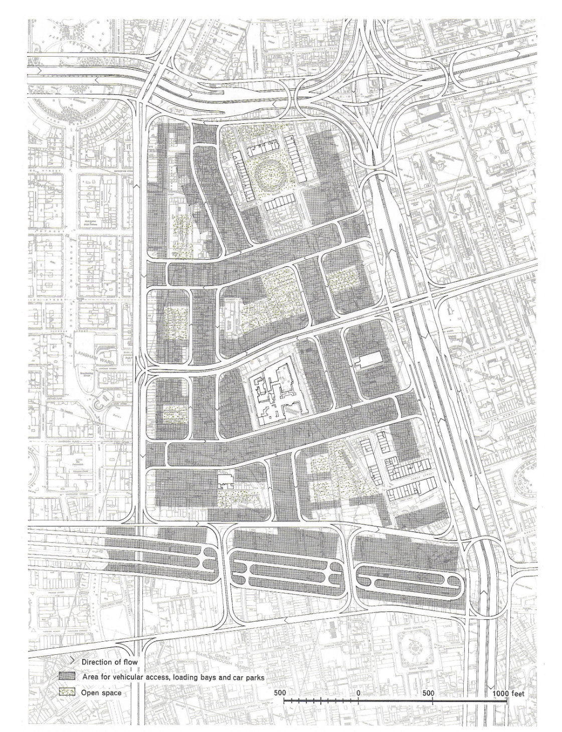Fig. 192 The design for partial redevelopment-plan at ground level showing the primary, district and local distribution road system together with the parking and service areas.