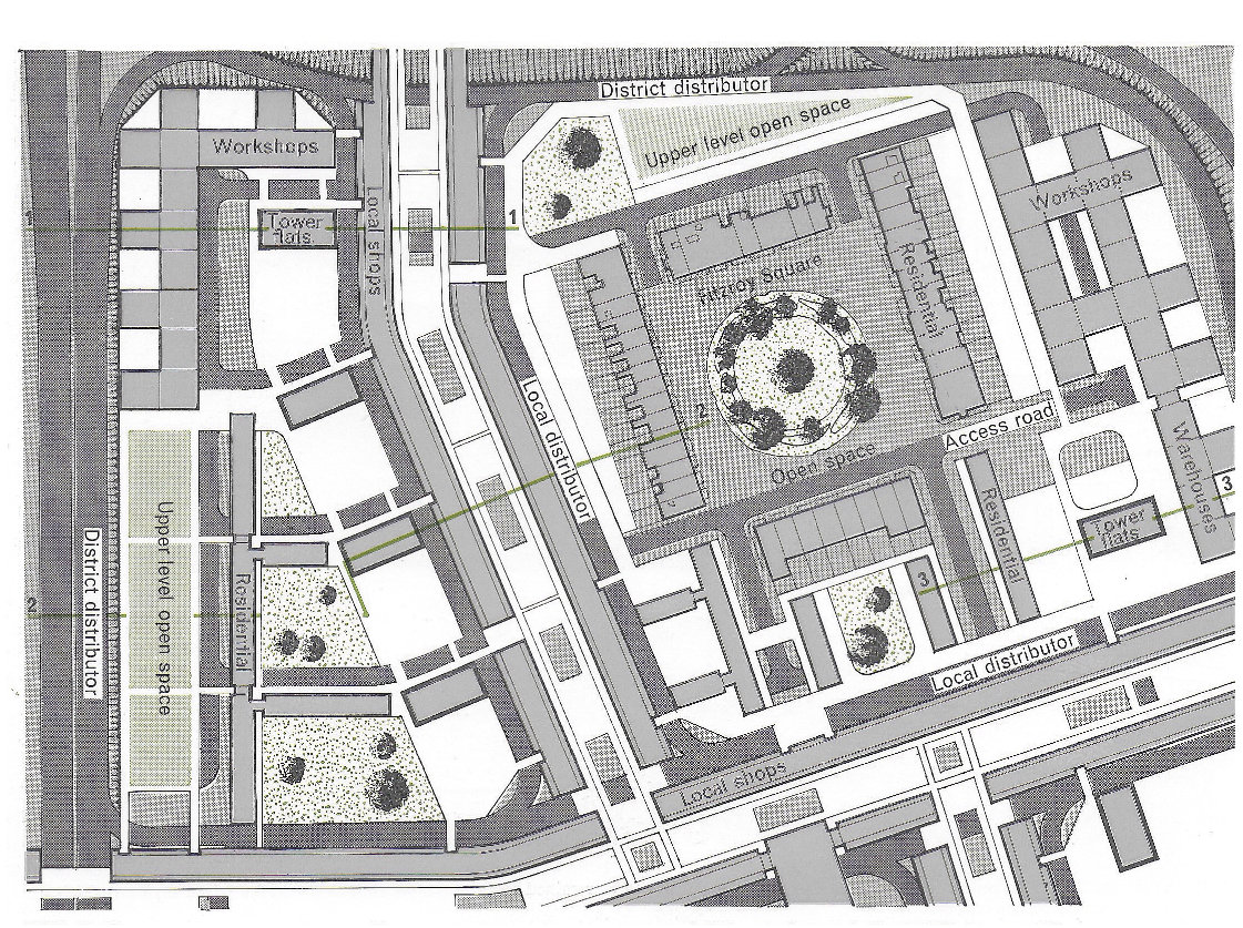 Fig. 195 The design for partial redevelopment. Layout plan for the area around Fitzroy Square. The three sectional views (marked 1-1, 2-2, and 3-3) on this plan will be found in Figure 193).