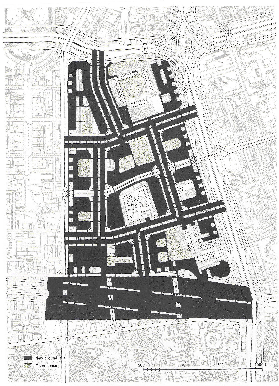Fig. 196 The design for partial redevelopment showing existing buildings to be retained at ground level and, in black, the raised deck on which the new building would be constructed.