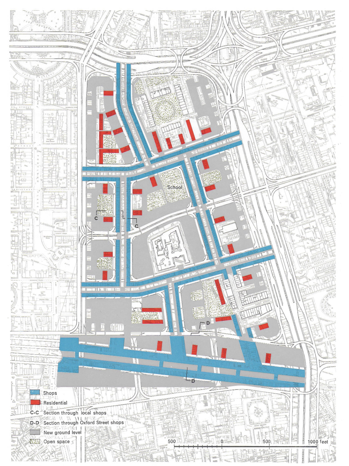 Fig. 197 The design for partial redevelopment-plan shows the broad disposition of shopping and residential uses at deck level. Certain buildings are preserved at real ground level. Sections C-C and D-D refer to Figures 194 and 198.