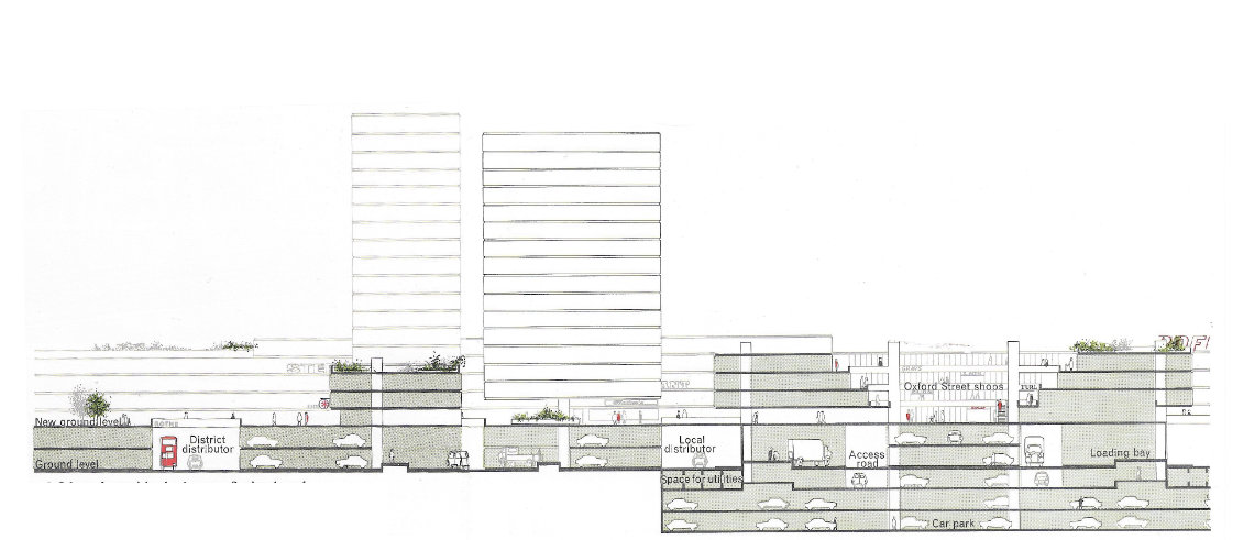 Fig. 198 Scheme for partial redevelopment. Section through Oxford Street shopping centre, showing the district and local distributors and access road at ground level, and the shops at the ‘new ground level’ above (section DD on Figure 197).