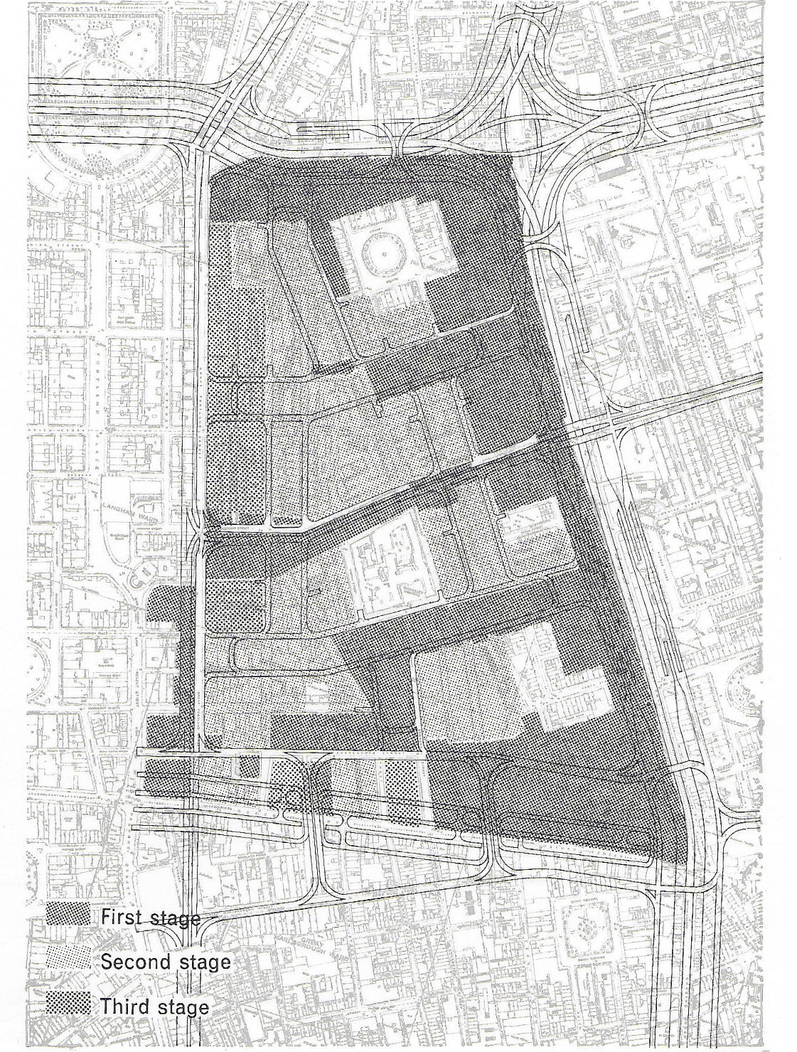Fig. 199 The stages by which redevelopment might take place. The first stage covers the primary and district distributors, the second stage the older properties, and the third stage the substantial properties in Great Portland Street and Oxford Street.