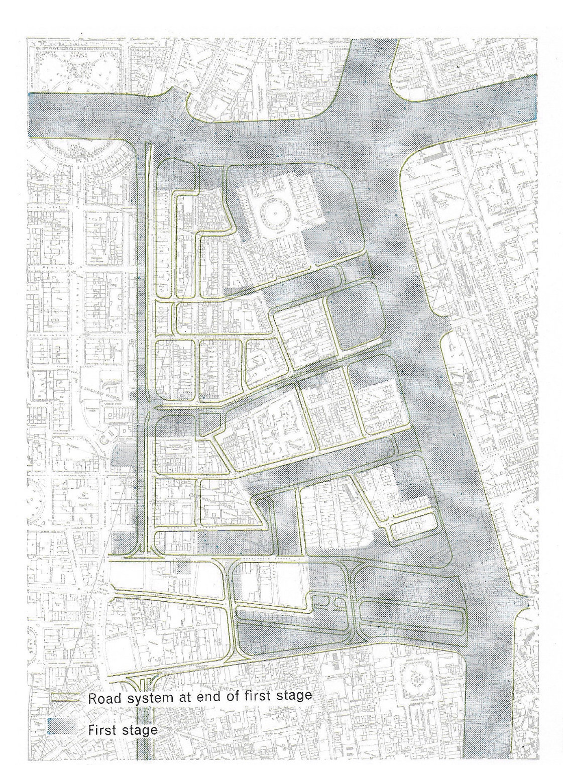 Fig. 200 The roads as they would be at the end of the first stage. Where the roads fall outside the blue tint it indicates that use is made of existing streets.