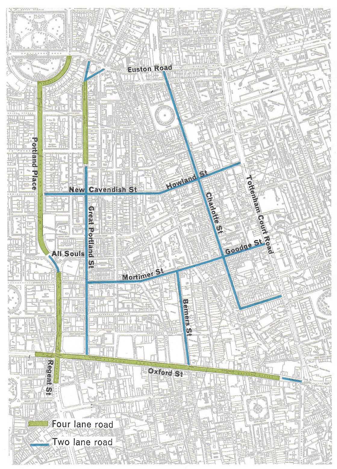 Fig. 208 Capacity of existing roads; showing roads which would be capable, on the basis of their predominant width and alignment, of acting as distributors.