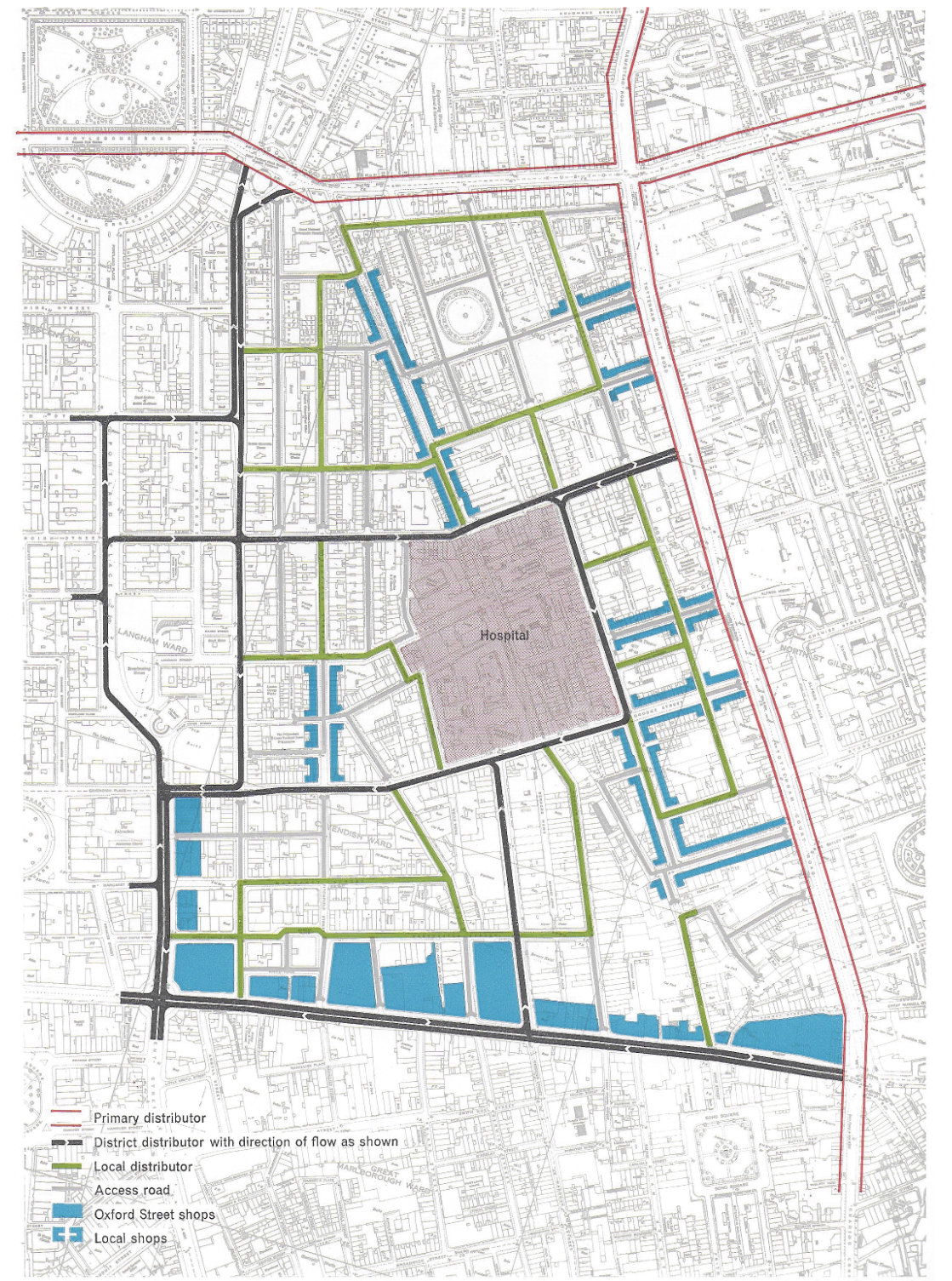 Fig. 209 The plan for minimum redevelopment. The district distribution system is partly one-way and partly two-way, based largely on the capacity of the existing roads. All other roads are two-way.