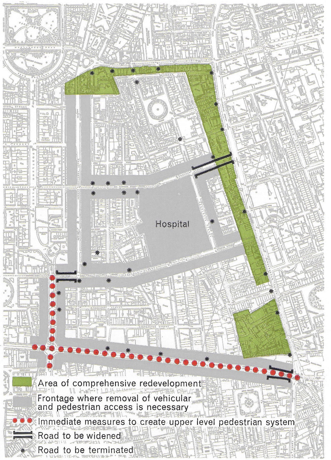 Fig. 210 The scheme for minimum redevelopment. This figure shows the areas which would, in fact, require comprehensive redevelopment, and the frontages where redevelopment would need to be controlled in order, eventually, to separate pedestrians and vehicles.