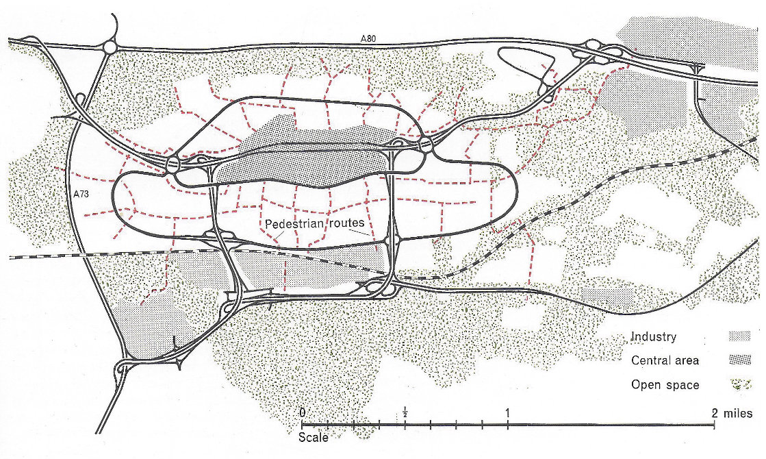 Fig. 213 Cumbernauld New Town. The primary network showing the independent pedestrian routes filtering through the residential areas to the elongated town centre. Note the high-powered character of the network, with the main link passing underneath the centre.