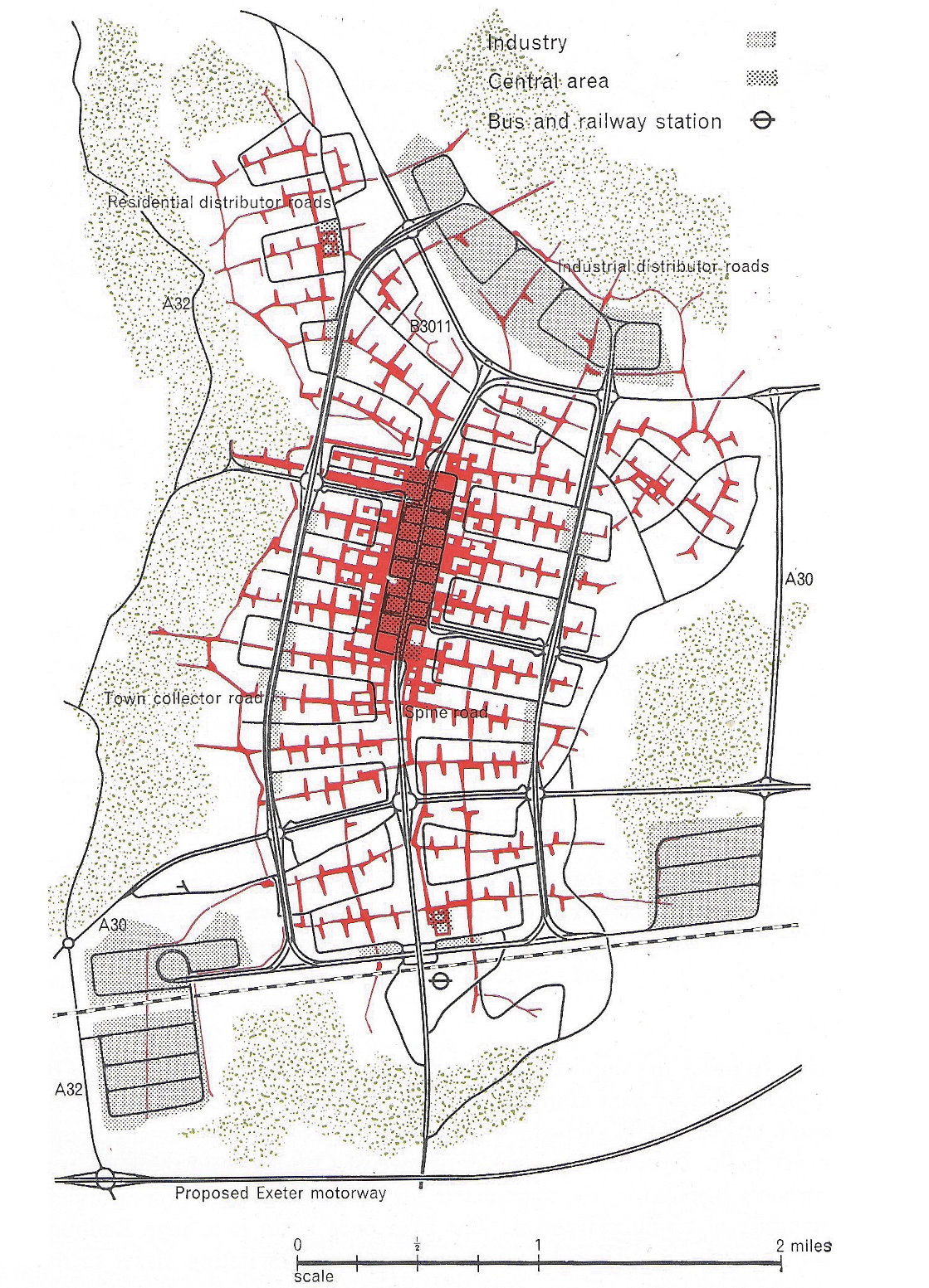 Fig. 214 The plan for Hook, a project for a new town commissioned by the London County Council. Note the powerful character of the primary network, and the completely independent system of pedestrian routes shown in red. The nomenclature on the plan is that of the official report on the project.