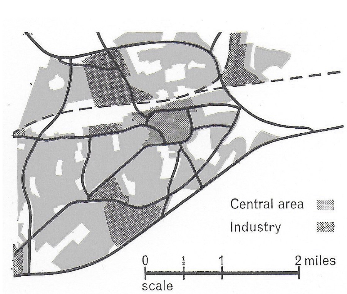 Fig. 215 Basingstoke. This is the first plan, based on conventional ring roads, which was tested as the basis for expansion and redevelopment. It may be compared with Fig. 216 which shows the plan finally adopted after full analysis of traffic movement and environment.