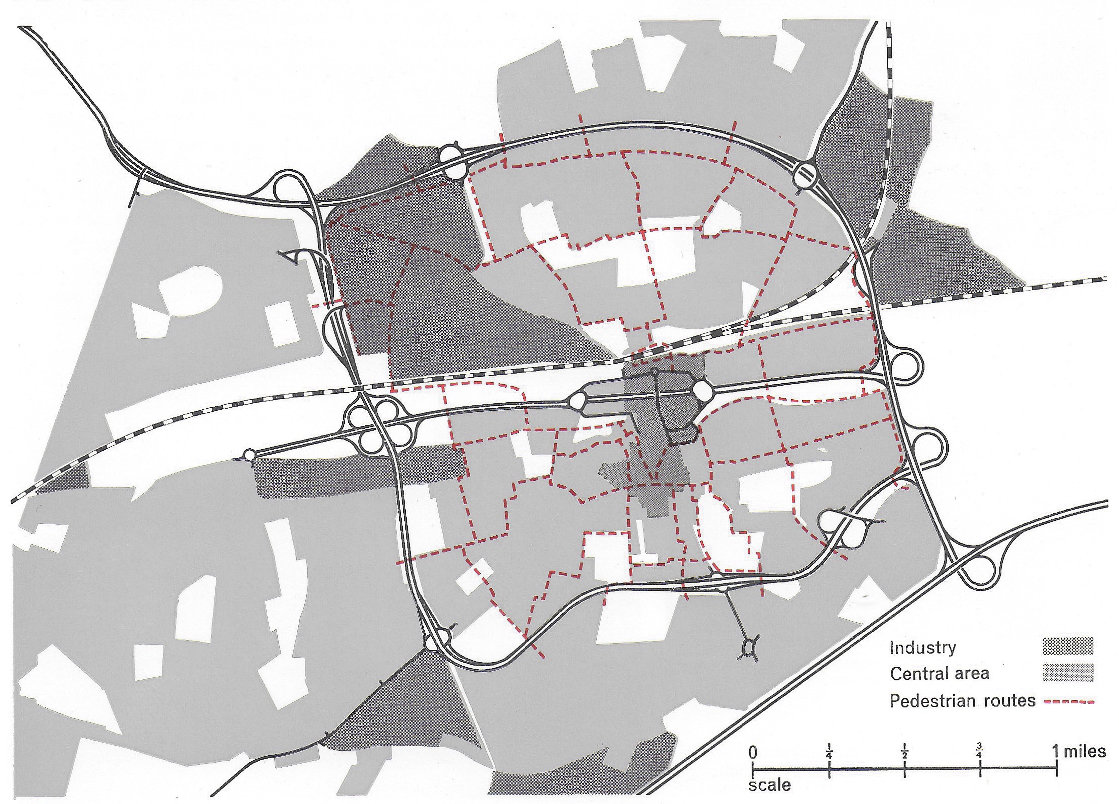 Fig. 216 The agreed plan for Basingstoke expansion. In principle it resembles the Cumbernauld and Hook plans with a very clearly defined primary network with a cross-link passing underneath the central shopping area. An independent footpath system gives pedestrian access to the centre.