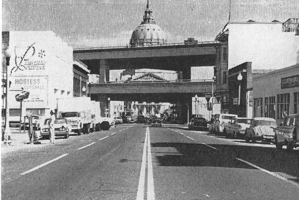 Fig. 240 The obtrusive freeway-the Central Freeway (double-decked) at San Francisco, with the City Hall beyond.