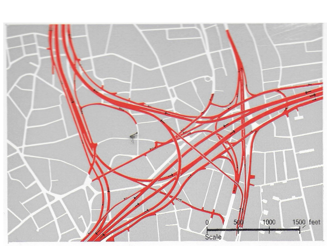 Fig. 242 An interchange planned for the Inner Loop at Boston. It occupies about 100 acres. Compared with this, the interchanges shown in the examples worked out in Chapter III seem quite modest, yet they may be as much as British cities can stand of this space-taking engineering.