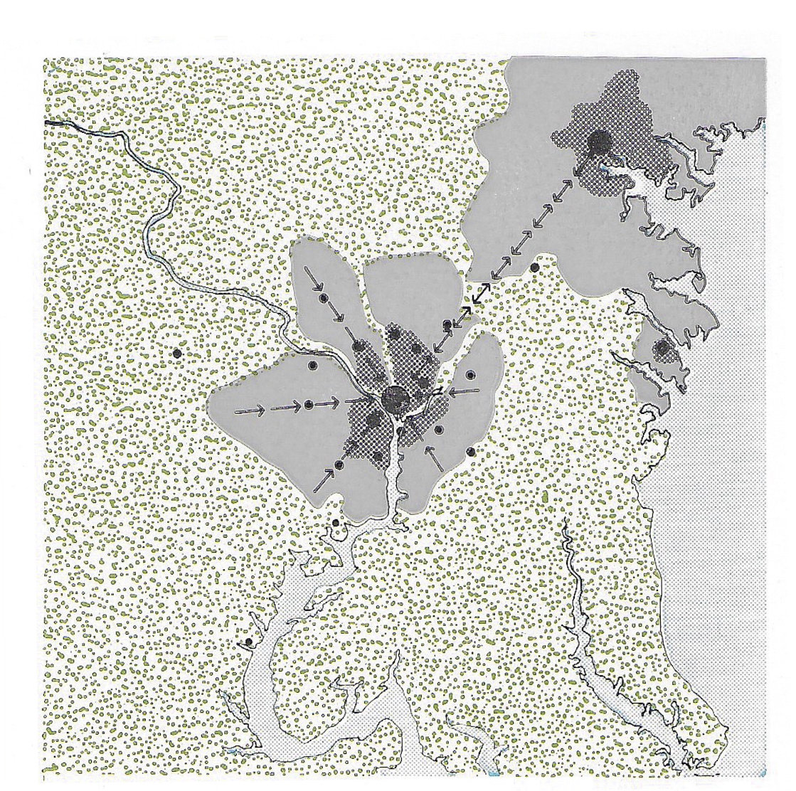 Fig. 245 Alternative possibilities for the future of Washington. 
(1) Restriction to present size by a green belt